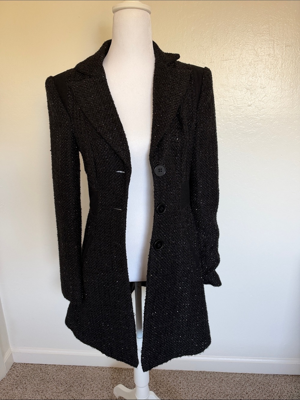 bebe Black Tweed Blazer with Chain Hanger Detail